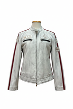 Cargar imagen en el visor de la galería, Cazadora blanca racing rayas burdeos fondo blanco
